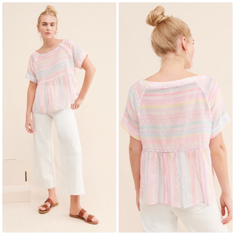 Anthropologie Women's Letty Embroidered Multi Baby doll Top in Pink Size Small‎